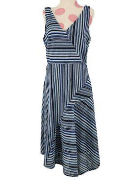 Women's Gabby Skye Blue White Knit Crochet Patchwork Dress Back Zip Net Navy